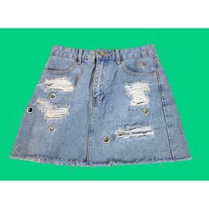 Forever 21 US Size 28 Unique Grommet Trendy Denim MIni Skirt Distressed
